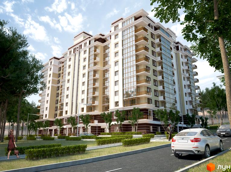 Зовнішній вигляд багатоповерхового житлового комплексу Кампа з великою кількістю скляних балконів та фасадів. Навколо будинку зелена прибудинкова територія з деревами та кущами.