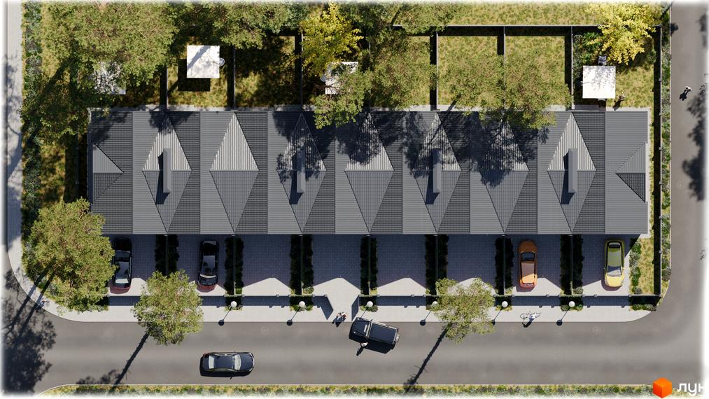 Вигляд зверху на таунхауси SOHO Centre з сірими дахами та припаркованими авто. Навколо зелені дерева та доглянута територія.