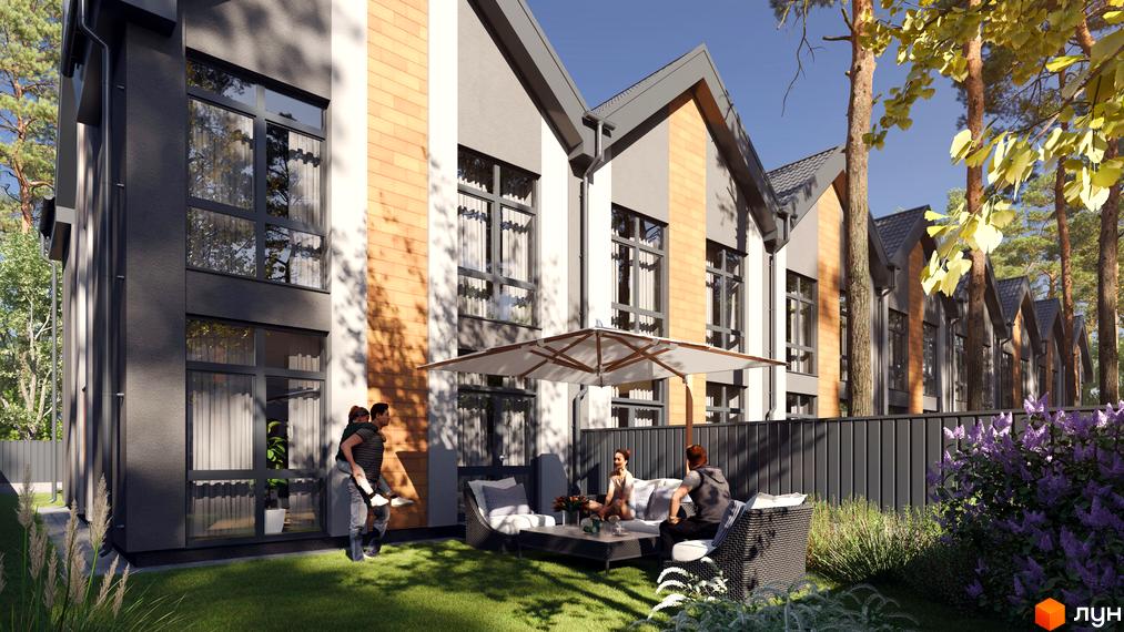 Зображення таунхаусів SOHO Centre з великими вікнами та терасою на зеленій галявині. На території відпочивають люди.