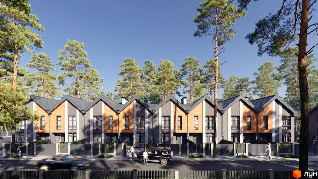 Зображення таунхаусів SOHO Centre. Триповерхові будинки з сірими дахами та дерев'яним оздобленням, перед будинками тротуар та дерева.