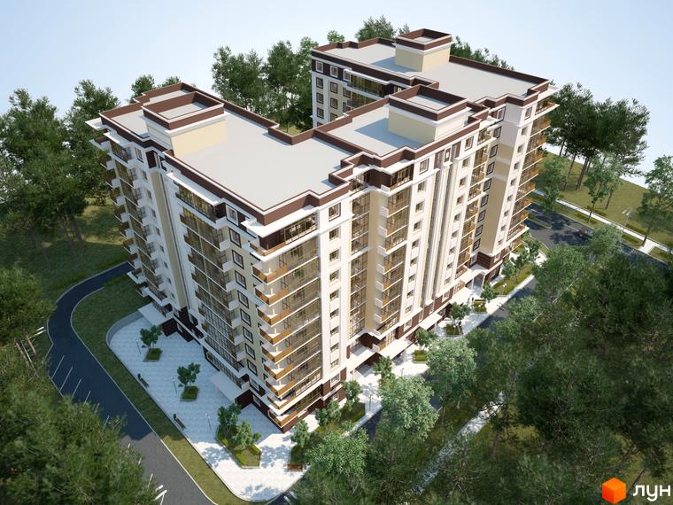 Житловий комплекс Кампа - це багатоповерхова новобудова з балконами та великими вікнами. Територія навколо будинку озеленена деревами та має доріжки для прогулянок.