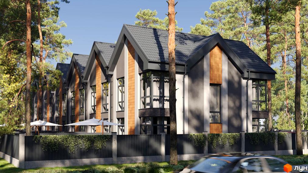 Зображення таунхаусів SOHO Centre з сірими дахами та коричневими вставками, розташованих серед сосен за чорним парканом.