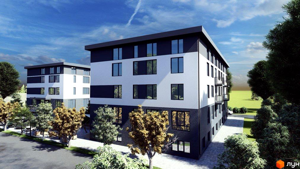 Житловий комплекс LIBERTY PARK з біло-темними фасадами та балконами. Навколо будинку зелені дерева та доглянута прибудинкова територія.