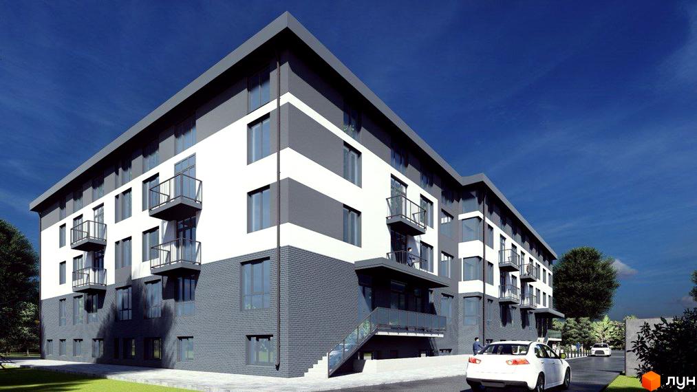 Житловий комплекс LIBERTY PARK: багатоповерховий будинок з біло-сірим фасадом, балконами та великими вікнами. Навколо – зелені газони, дерева та дорога.