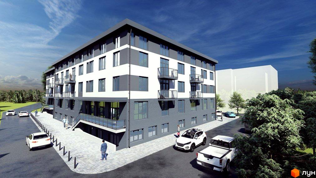 Житловий комплекс LIBERTY PARK з біло-сірим фасадом та балконами. На прибудинковій території є парковка та зелені насадження.