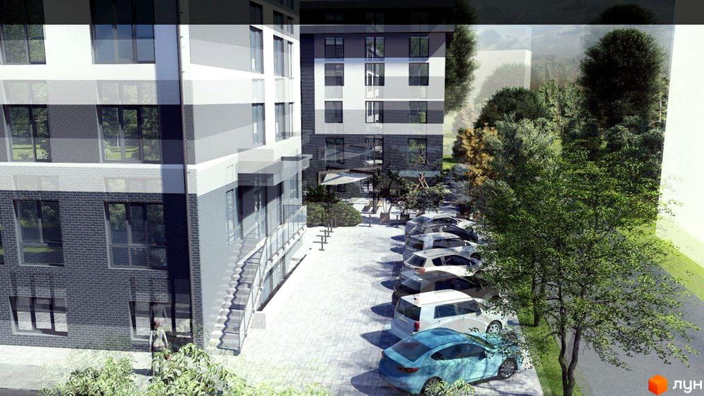 Фасад будинку Житлового комплексу LIBERTY PARK виконаний у сіро-білих тонах з цегляною кладкою. Прибудинкова територія має паркінг та багато дерев.