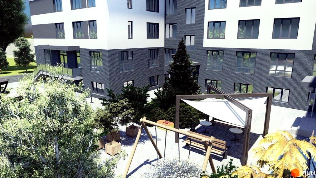 Житловий комплекс LIBERTY PARK: будівля з білими та темно-сірими фасадами. Прибудинкова територія має дитячий майданчик, зону відпочинку та озеленення.