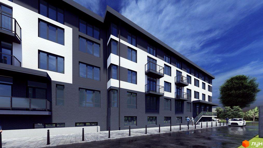 Новобудова ЖК LIBERTY PARK з білими та сірими фасадами, балконами та вікнами. Поруч дорога та зелені насадження.