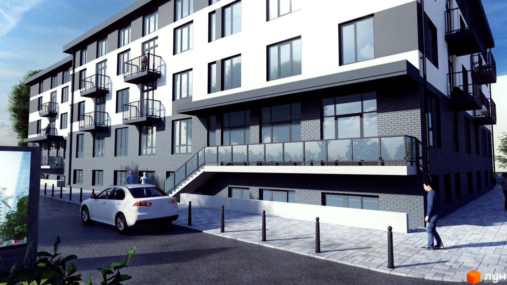 Житловий комплекс LIBERTY PARK: багатоповерховий будинок з білим та темно-сірим фасадом, балконами. Навколо вимощена територія з автомобілем.