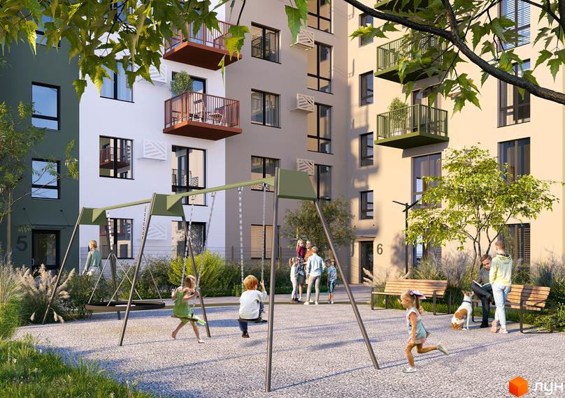 Житловий комплекс Субурбія Дуо: фасади будівель та дитячий майданчик з гойдалками та лавками для відпочинку.