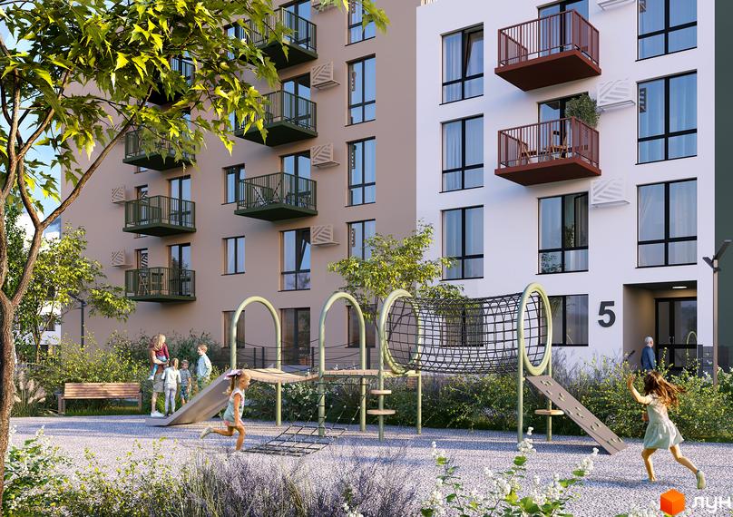 Житловий комплекс Suburbia Duo з фасадами білого та бежевого кольору, балконами та дитячим майданчиком на прибудинковій території.