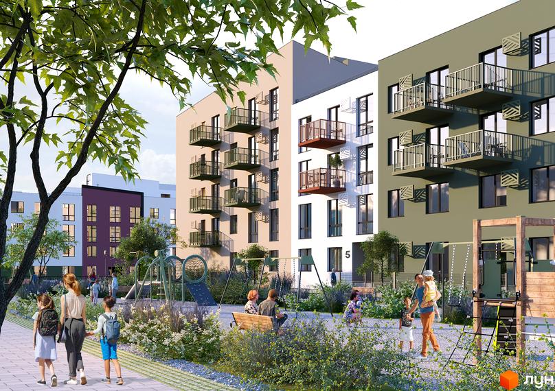 Житловий комплекс Suburbia Duo: фасади будинків з балконами та дитячий майданчик з гойдалками та гіркою. Зелена прибудинкова територія з деревами та кущами.