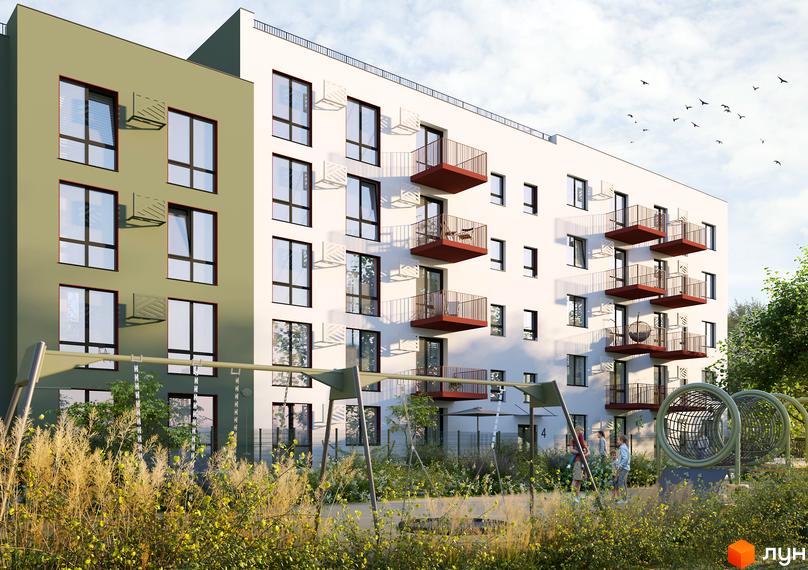 Зовнішній вигляд новобудови ЖК Субурбія Дуо з балконами та вікнами, прибудинкова територія з дитячим майданчиком та зеленню.