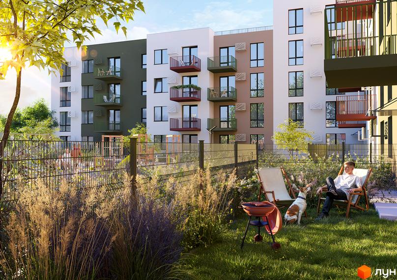 Житловий комплекс Субурбія Дуо: фасади будинків з балконами та прибудинкова територія з зоною відпочинку та барбекю.