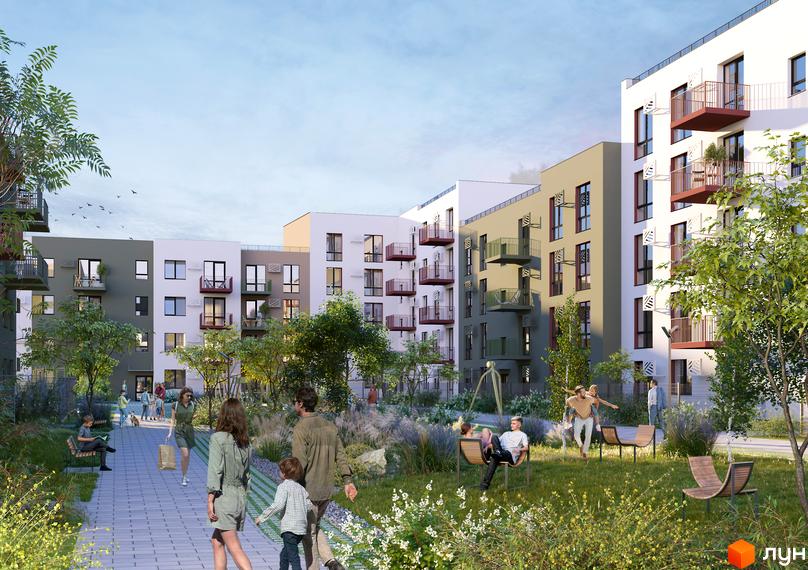 Зовнішній вигляд новобудови ЖК Suburbia Duo з балконами та прибудинковою територією з зонами відпочинку та зеленими насадженнями.