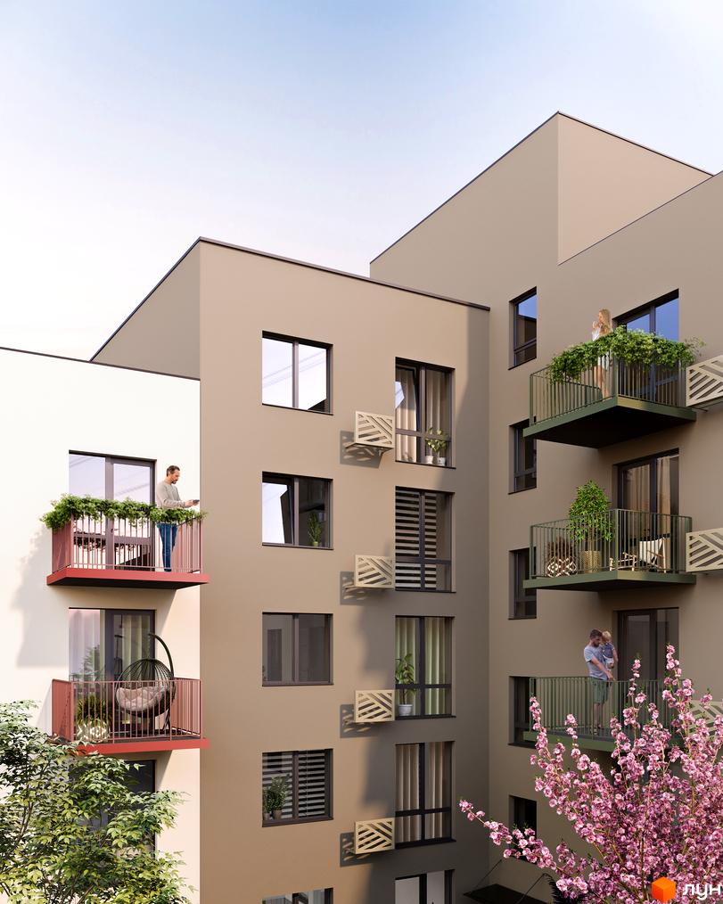 Житловий комплекс Субурбія Дуо. Фасад будівлі з балконами, вікнами та зеленими насадженнями. На балконах відпочивають люди.