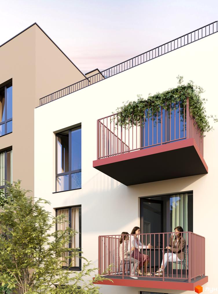 Житловий комплекс Субурбія Дуо: фасади будівель з балконами та вікнами, де відпочивають люди. Навколо зелені дерева.