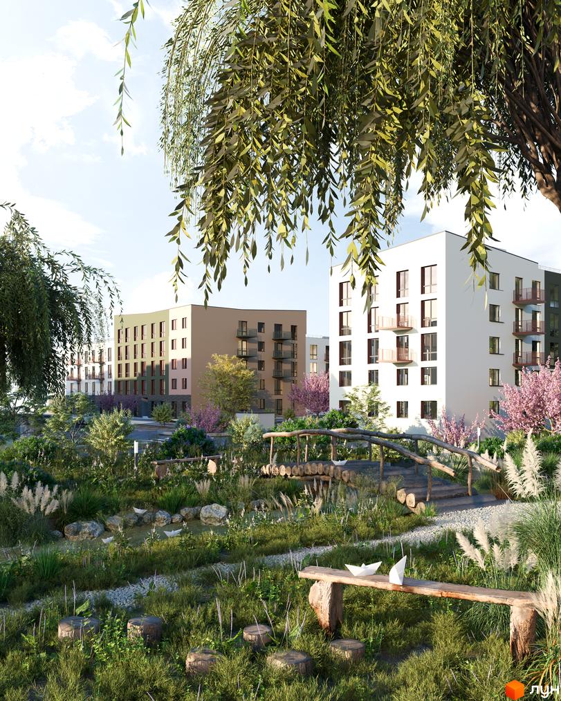 Житловий комплекс Suburbia Duo: білі та бежеві будівлі з балконами, зелений двір з деревами, містком та лавкою.