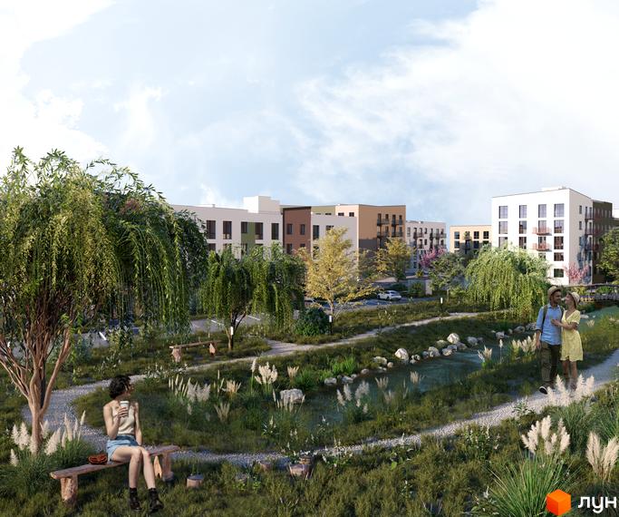 Житловий комплекс Субурбія Дуо з фасадами різних кольорів та прибудинковою територією з деревами та водоймою.