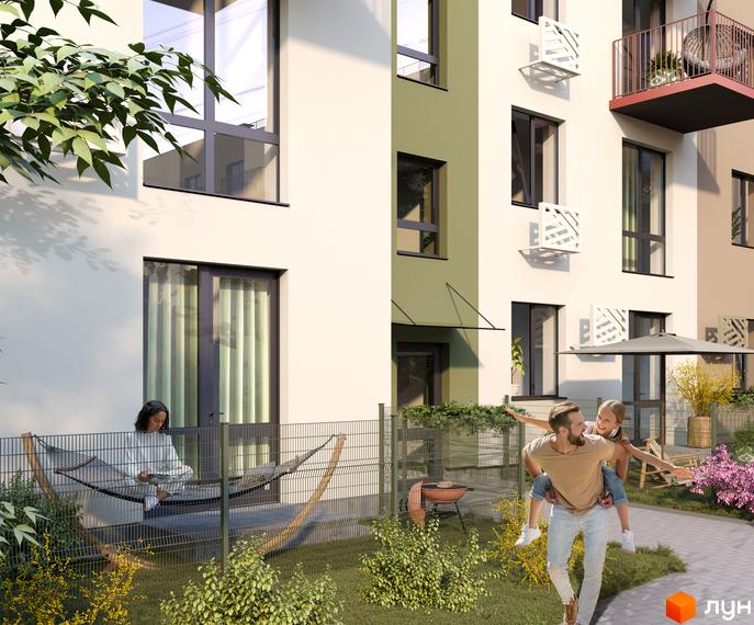 Житловий комплекс Субурбія Дуо. Зовнішній вигляд будинку з вікнами та балконами, прибудинкова територія з людьми на гамаку та батьком з дитиною на плечах.