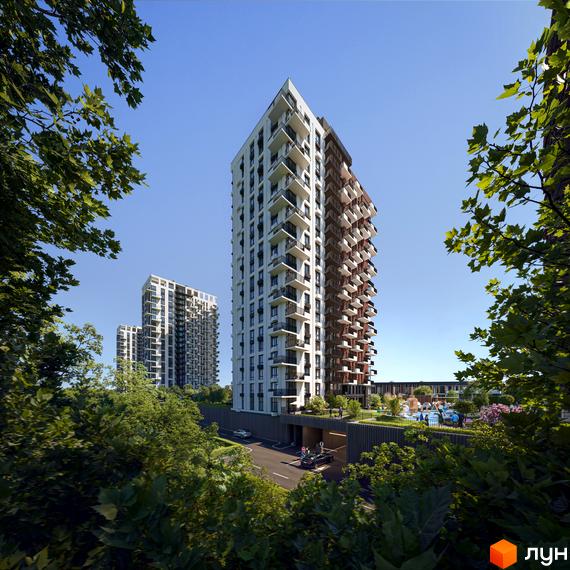 Житловий комплекс Central Park Vinnytsia: високі будинки з білими фасадами, коричневими та білими балконами, оточені зеленню, з паркінгом та зоною відпочинку.
