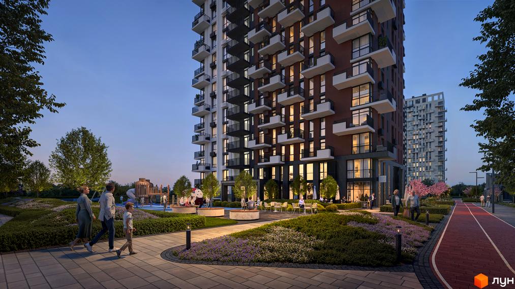 Житловий комплекс Central Park Vinnytsia. Сучасна архітектура будівель та доглянута прибудинкова територія з місцями для відпочинку та дитячим майданчиком.