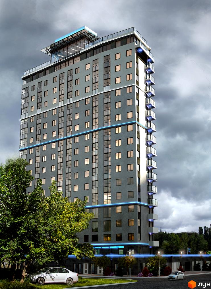 Зовнішній вигляд новобудови ЖК Флагман з великою кількістю вікон та балконів. Навколо будинку зелені насадження та прибудинкова територія з дорогою та автомобілями.