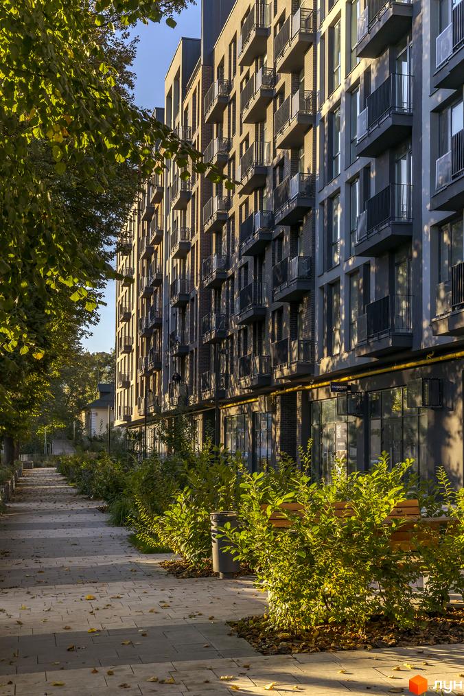 Житловий комплекс Avalon Yard з сучасними фасадами та балконами, розташований вздовж вимощеної алеї з зеленими насадженнями та лавками.
