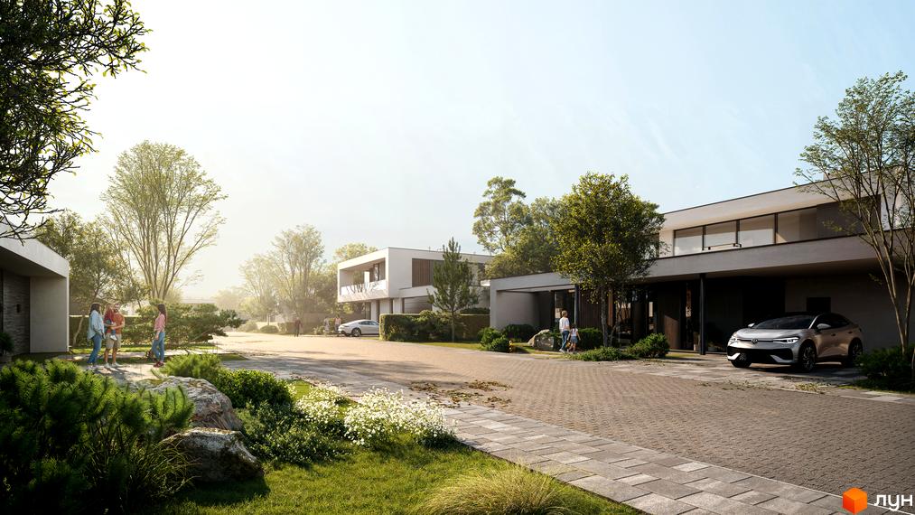 Котеджне містечко NAVARIA LUX. Сучасні будинки з великими вікнами та доглянутою прибудинковою територією з зеленими насадженнями та бруківкою.