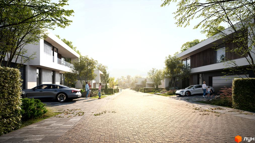 Котеджне містечко NAVARIA LUX: сучасні будинки з панорамними вікнами та доглянутою прибудинковою територією. На вулиці два автомобілі та люди.