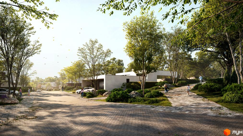 Котеджне містечко NAVARIA LUX з сучасними будинками та доглянутою прибудинковою територією. Зелені дерева та бруковані доріжки створюють затишну атмосферу.