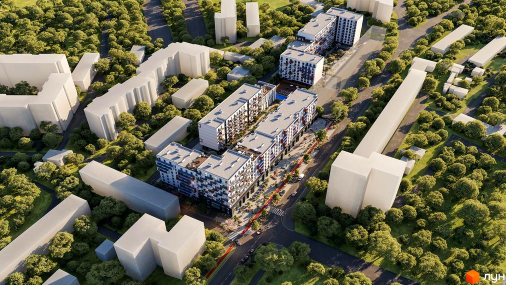 Комплекс INFINITY PARK з багатоповерховими будинками та прибудинковою територією з деревами та зонами відпочинку. Зовнішній вигляд новобудови.