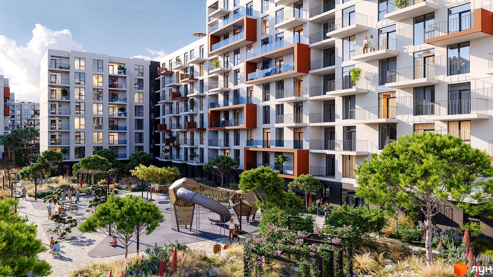 Високоповерховий будинок ЖК INFINITY PARK з балконами та терасами. Благоустрій території з дитячим майданчиком та зеленими насадженнями.