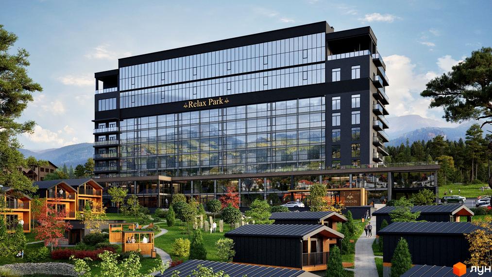 Апарт-готель PHOENIX PLAZA: сучасна багатоповерхова будівля з панорамним склінням та прибудинкова територія з зонами відпочинку та невеликими будиночками.