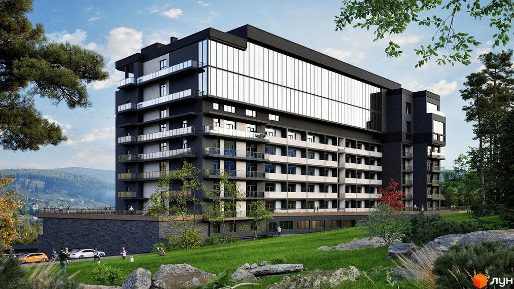Апарт-готель PHOENIX PLAZA - це багатоповерхова новобудова з темним фасадом та великими вікнами, розташована на схилі гори серед зелені.