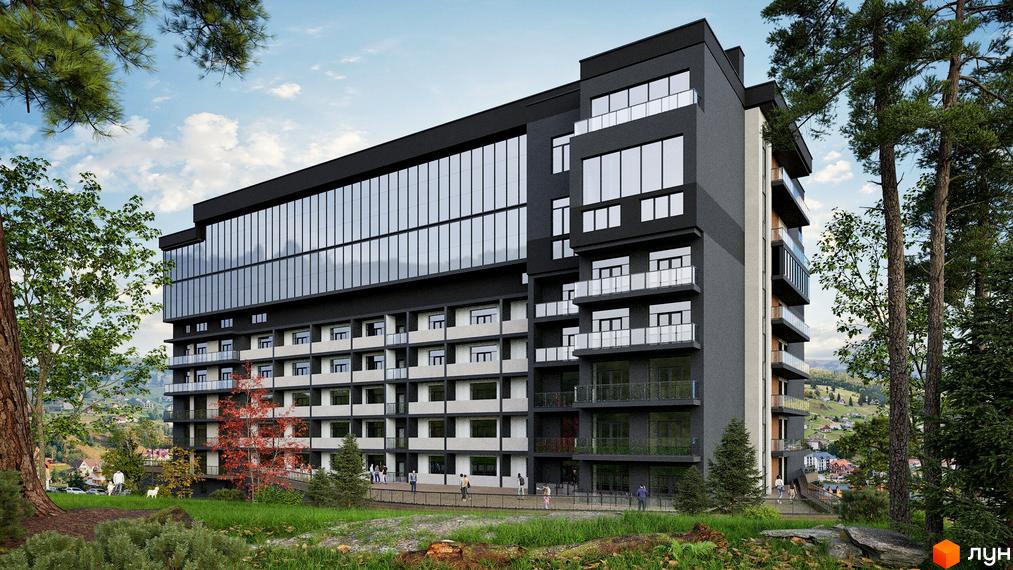 Апарт-готель PHOENIX PLAZA з темним фасадом та великими вікнами, розташований серед дерев на тлі гірського пейзажу.