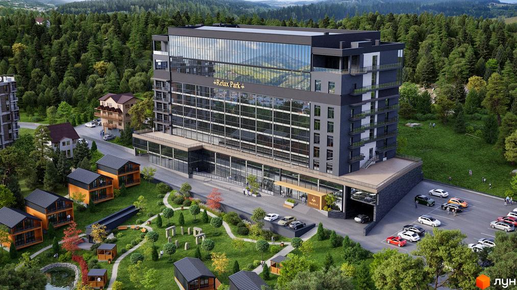 Апарт-готель PHOENIX PLAZA з панорамним склінням та балконами в оточенні зеленої зони з будиночками та парковкою.