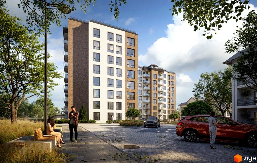 Зображення фасаду багатоповерхового будинку в Житловому комплексі Джем 2.0. На передньому плані прибудинкова територія з лавками та автомобілями.