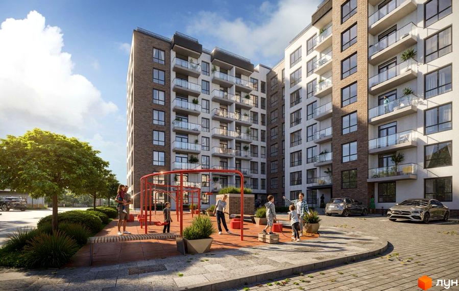 Житловий комплекс Джем 2.0. Сучасні будинки з балконами та дитячим майданчиком. Прибудинкова територія з деревами та парковкою.