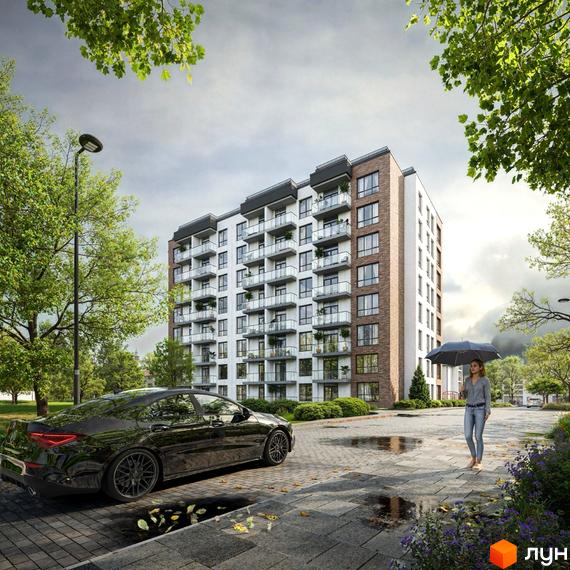 Зовнішній вигляд новобудови ЖК Джем 2.0 з цегляними та білими фасадами, балконами та прибудинковою територією з автомобілем та парасолькою.