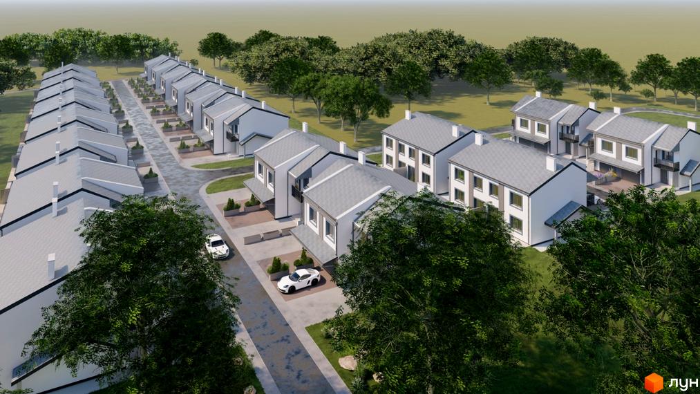 Котеджне містечко КМ Family Park Residence: сучасні будинки з сірими дахами та прибудинковою територією з деревами та авто.