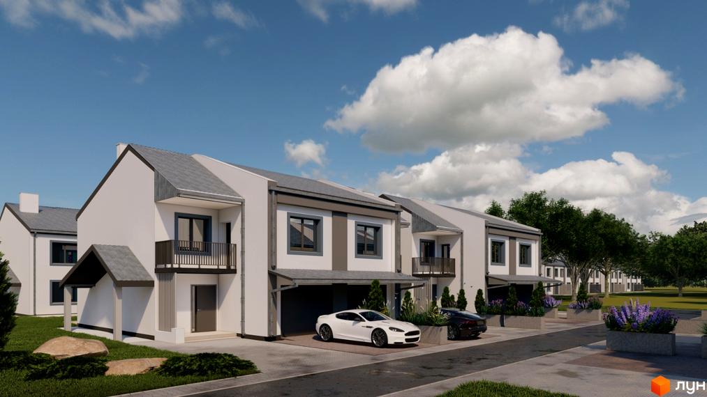 Зображення будинків у Котеджному містечку Family Park Residence. На передньому плані видно доглянутий газон та припарковані автомобілі.