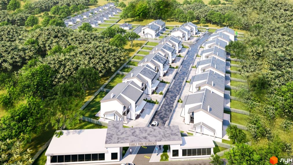 Зображення Котеджного містечка Family Park Residence з висоти пташиного польоту. Видно котеджі з сірими дахами та зелену прибудинкову територію.