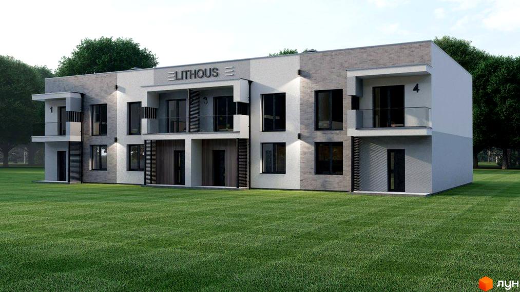 Зображення таунхаусів LITHOUS з номерами 1, 3, 4. Двоповерхові будинки з балконами та газоном перед ними.