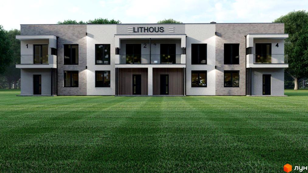 Таунхаус LITHOUS з цегляним фасадом та великими вікнами, розташований на доглянутій галявині з деревами.