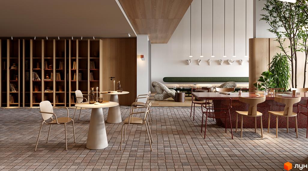 Житловий комплекс Avalon Magnolia: простора спільна зона з дерев'яними стелажами, різноманітними меблями та рослинами.