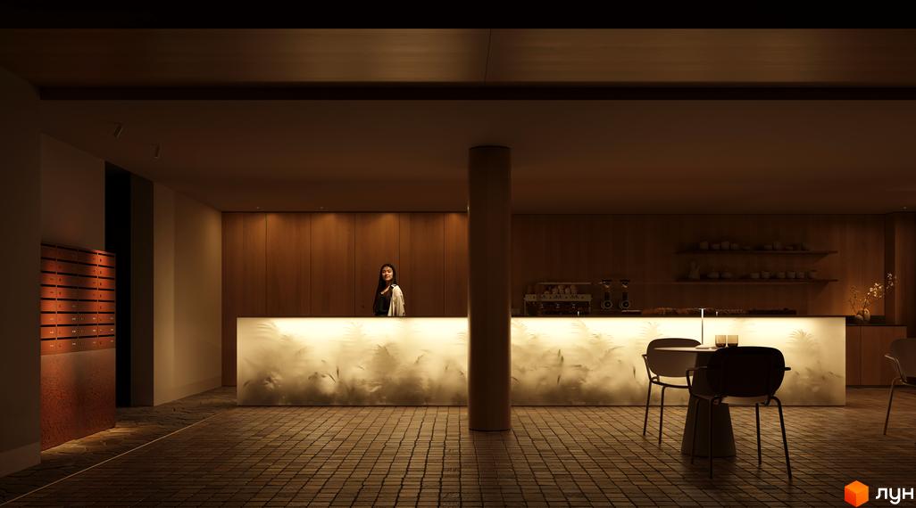 Житловий комплекс Avalon Magnolia: елегантний ресепшн з підсвіченою стійкою та дерев'яними панелями, зона відпочинку з кріслами та столом.