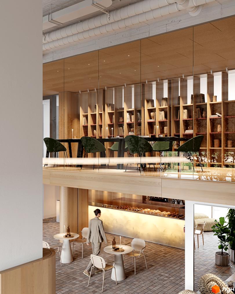 Новобудова Avalon Magnolia: інтер'єр дворівневого простору з кафе та зоною відпочинку з книжковими полицями. Світлі тони та скло.