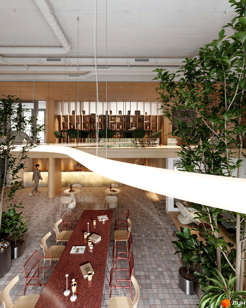 Інтер'єр житлового комплексу Avalon Magnolia з великою кількістю зелені та зон для відпочинку. Сучасний дизайн простору для комфортного життя та роботи.