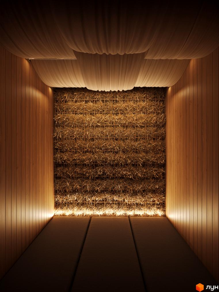 Інтер'єр унікальної зони відпочинку Житлового комплексу Avalon Magnolia: дерев'яні панелі, стеля з драпіруванням та стіна з сіна з підсвічуванням.